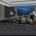 Modern Conference Room Interior Design With Large Screen Whiteboard And Colorful Chairs
