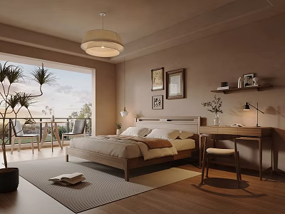 Warm Beige Bedroom Interior With Wooden Bed Pendant Light Window View And Area Rug 3d model