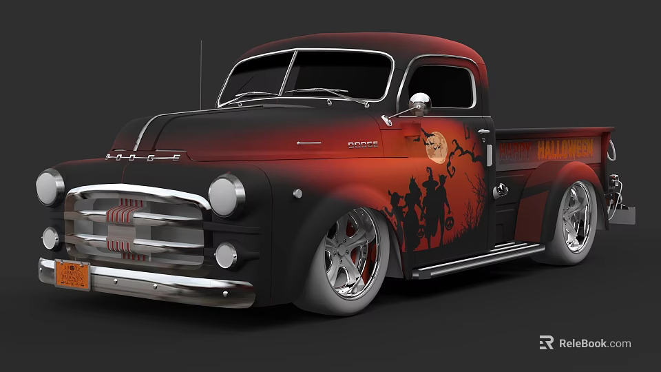 Vintage Red And Black Pickup Truck With Western Silhouettes Custom Wheels And Chrome Grille 3d model 