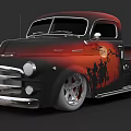 Vintage Red And Black Pickup Truck With Western Silhouettes Custom Wheels And Chrome Grille