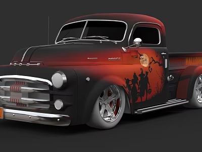Vintage Red And Black Pickup Truck With Western Silhouettes Custom Wheels And Chrome Grille 3d model