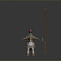 Game Movie Character In Blue Armor Red Hat Riding White Horse With Long Spear And Yellow Glow Area