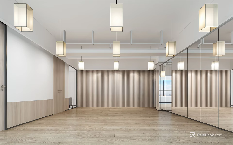 Spacious Fitness Gym Interior With Wooden Floors Mirror Walls And Hanging Lights 3d model 