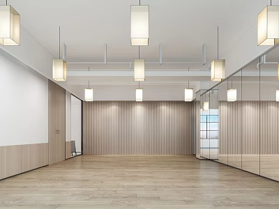 Spacious Fitness Gym Interior With Wooden Floors Mirror Walls And Hanging Lights 3d model