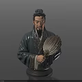 Detailed Ancient Man Statue Wearing Traditional Robes Holding Feather Fan