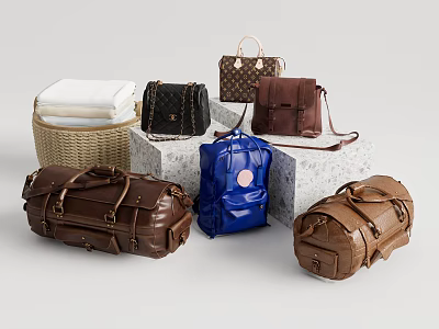 Various Stylish Bags in Leather and Woven Styles with Multiple Colors and Designs 3d model