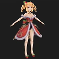 Woman in Red and Gold Christmas Dress with Pigtails and Holiday Decorations on Black Background