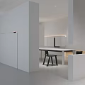 Modern Apartment Interior With White Walls Dark Storage Cabinets And Dining Table Chairs