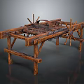 Vintage Rustic Wooden Mechanical Device With Spoked Wheels And Frame Structure 3d model