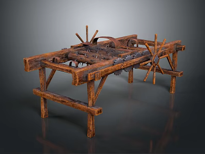 Vintage Rustic Wooden Mechanical Device With Spoked Wheels And Frame Structure 3d model