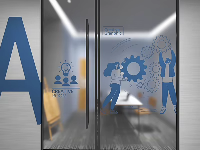Creative Room Glass Door With People Collaborating On Gears And Creative Design 3d model
