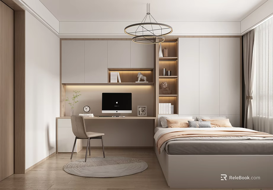 Modern Tatami Bedroom Interior With Desk Computer Bookshelf Chandelier And Wooden Floor 3d model 