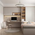 Modern Tatami Bedroom Interior With Desk Computer Bookshelf Chandelier And Wooden Floor