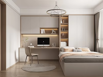 Modern Tatami Bedroom Interior With Desk Computer Bookshelf Chandelier And Wooden Floor 3d model