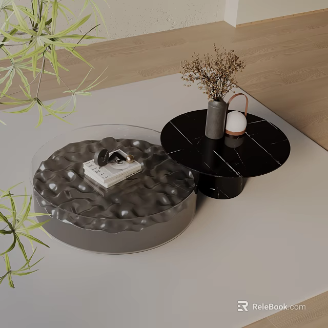 Contemporary Round Coffee Table Combination Grey Textured And Black Marble With Magazine Vase Dried Flowers 3d model 