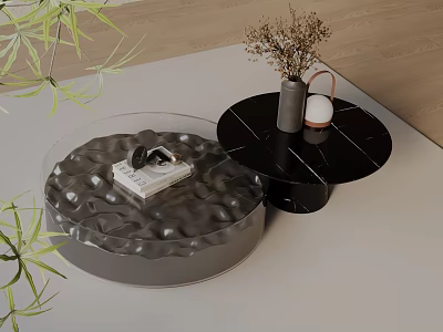 Contemporary Round Coffee Table Combination Grey Textured And Black Marble With Magazine Vase Dried Flowers 3d model
