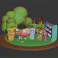 Cartoon Farm Characters With Farmer Children Cow Blue Creature Chick Green Trees And Tractor