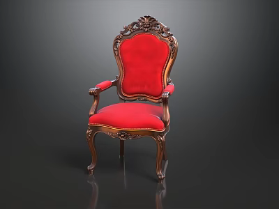 Ornate Classic Single Chair With Red Upholstery And Wooden Frame 3d model