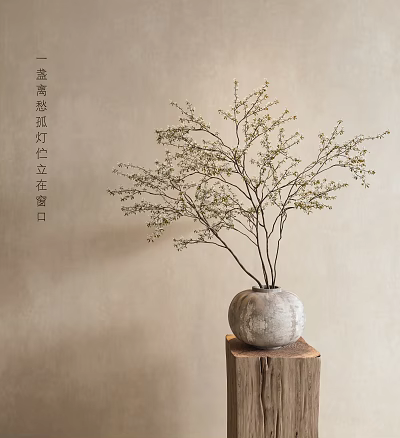 Natural Hanging Green Plants in Textured Vase on Wooden Stand by Window 3d model