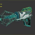 Futuristic Sci Fi Weapon With Teal And Silver Mechanical Design Barrel Grip And Tech Features