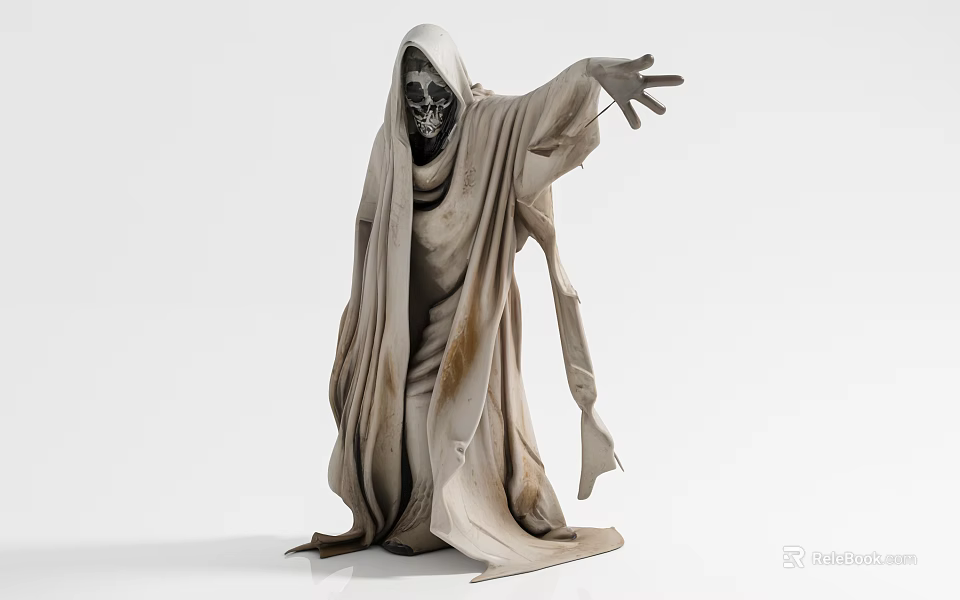 Game and Movie Character Cloaked Skeleton Faced Figure With Outstretched Arm and Tattered Cloak 3d model 
