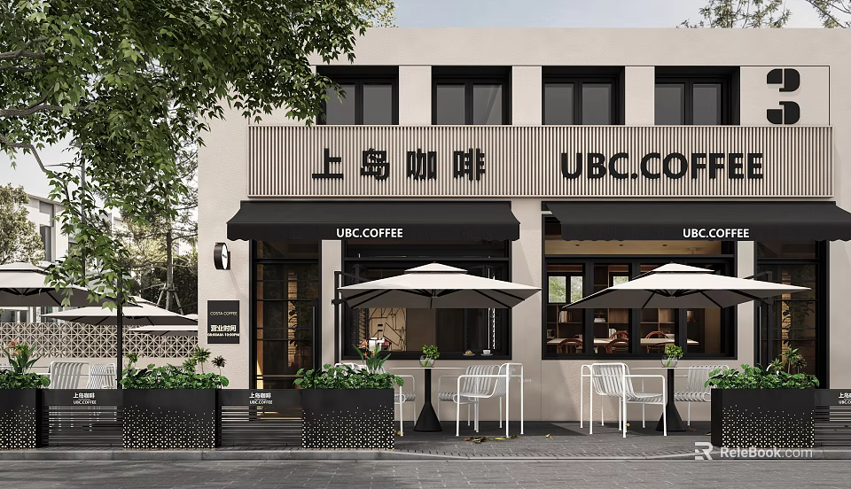 Modern Coffee Shop Storefront Facade Design With UBC Coffee Signage Outdoor Seating And Greenery 3d model 