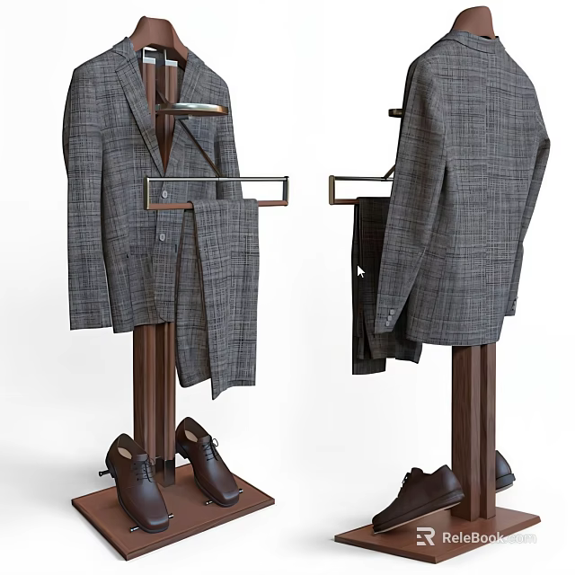 Wooden Standing Clothes Hanger With Plaid Suit Jacket Trousers And Shoes 3d model 