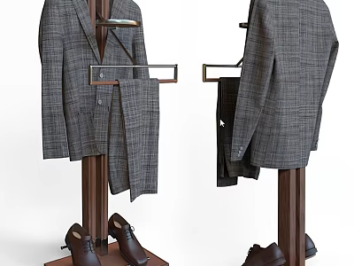 Wooden Standing Clothes Hanger With Plaid Suit Jacket Trousers And Shoes 3d model