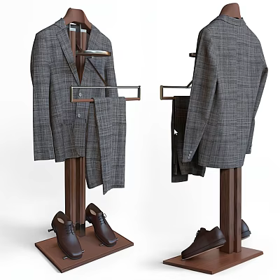 Wooden Standing Clothes Hanger With Plaid Suit Jacket Trousers And Shoes 3d model