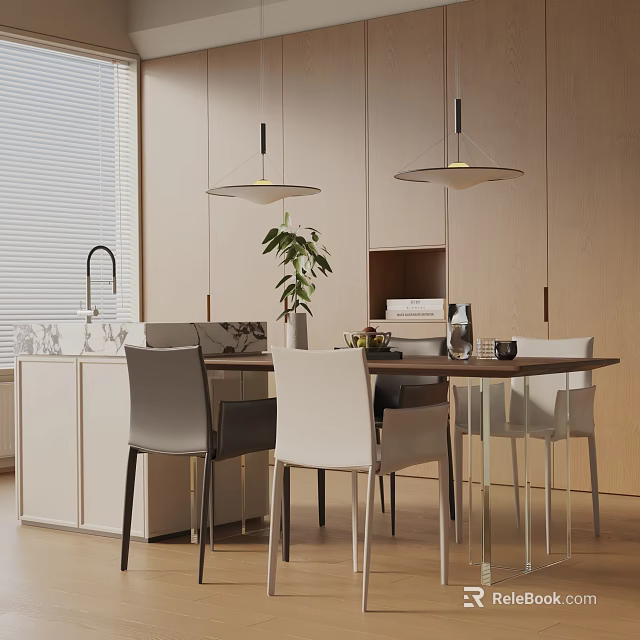 Modern Dining Table Set With Chairs And Pendant Lights In Open Kitchen Interior 3d model