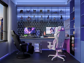 Modern E-sports Room E-sports Room Computer Room Desktop Computer Desktop Screen Doll Hand-held Ornaments Combination E-sports Chair Leisure Chair Swivel Chair Audio Headset Keyboard 3d model