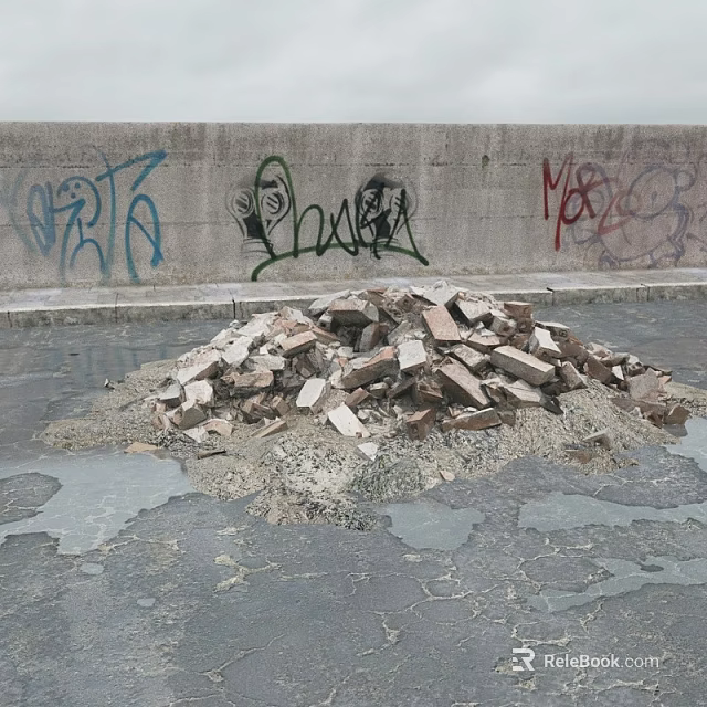 Stone and Wood Debris Pile Against Graffiti Covered Concrete Wall With Puddles 3d model 