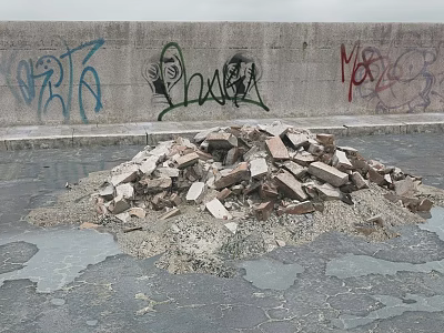 Stone and Wood Debris Pile Against Graffiti Covered Concrete Wall With Puddles 3d model