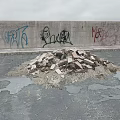 Stone and Wood Debris Pile Against Graffiti Covered Concrete Wall With Puddles