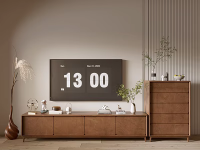 Modern Walnut TV Stand with Decorative Items and Potted Plants Near Side Storage Cabinet 3d model