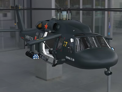 Dark Green Helicopter With Red Star Logo And Number 77 Near Glass Building 3d model