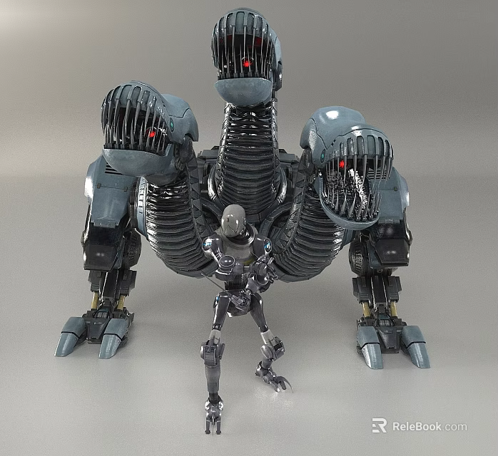 Small Intelligent Robot Standing Before Large Multi Headed Mechanical Creature With Metal Structure 3d model