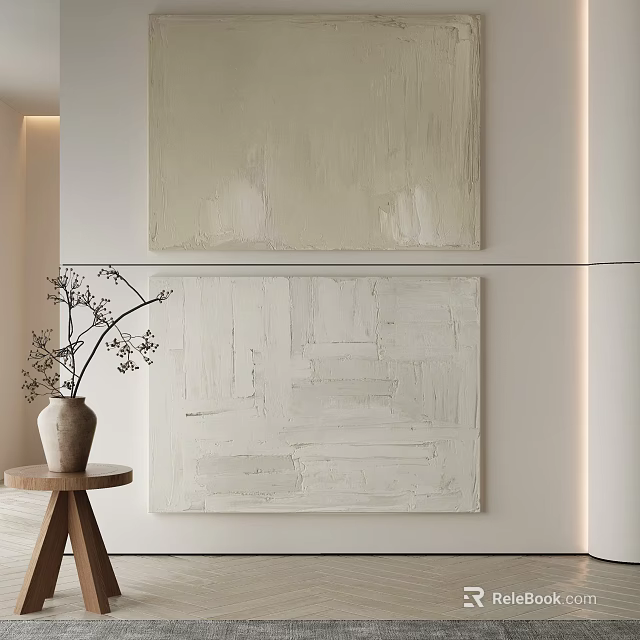 Abstract Paintings On Wall In Modern Interior With Neutral Tones And Vase Decor 3d model 