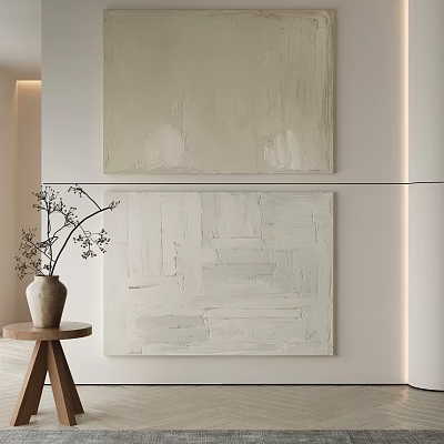 Abstract Paintings On Wall In Modern Interior With Neutral Tones And Vase Decor 3d model