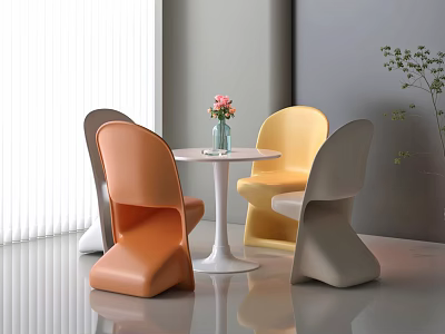 Modern Table Chair Set Featuring Orange Yellow Gray Chairs White Table Vase And Flowers 3d model