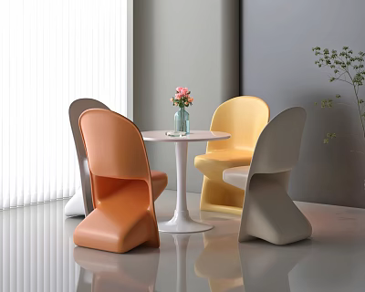 Modern Table Chair Set Featuring Orange Yellow Gray Chairs White Table Vase And Flowers 3d model
