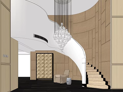 Elegant White Spiral Staircase In Modern Interior With Crystal Chandelier And Brown Paneled Walls 3d model