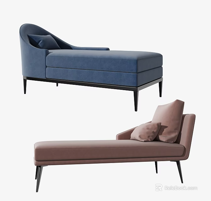 Modern Chaise Lounge with Blue and Brown Upholstery Cushions and Black Tapered Legs 3d model 