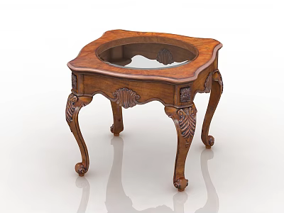 Antique Wooden Coffee Table with Curved Carved Legs and Glass Top 3d model