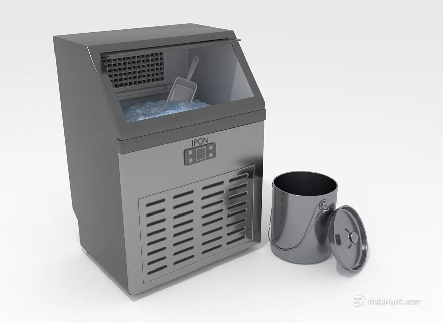 Stainless Steel Countertop Kitchen Ice Maker Making Fresh Ice With Scoop And Bucket 3d model 