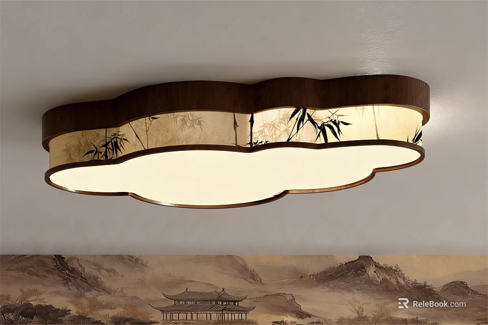 Chinese Style Cloud Shaped Ceiling Light With Bamboo Pattern Wooden Frame 3d model
