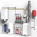 Industrial Piping And Mechanical Equipment Setup With Red Fire Extinguisher White Water Tank And Valves