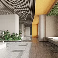 Modern Lobby Interior With Wooden Slat Ceiling Yellow Accent Wall And Green Plants