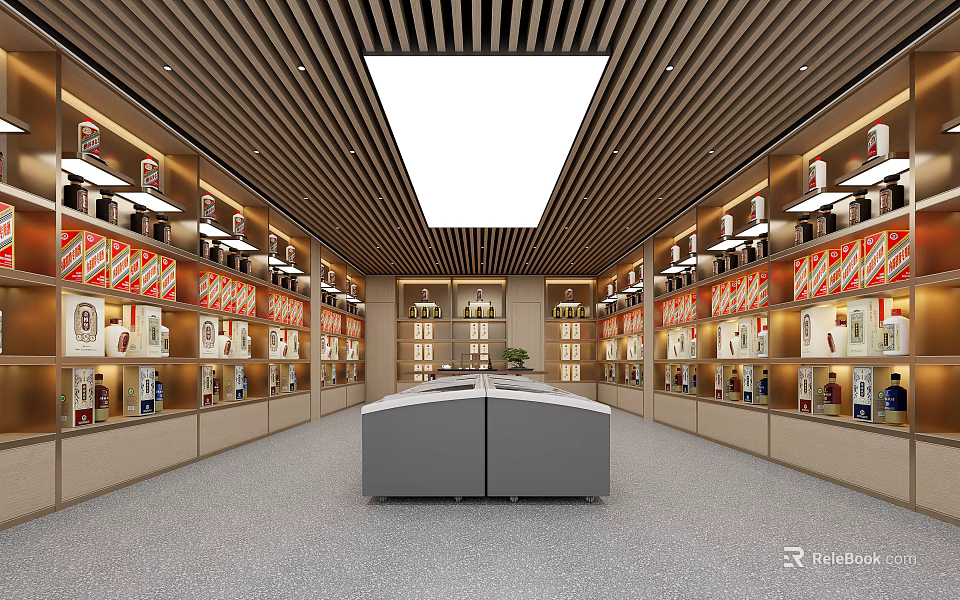 Spacious Retail Showroom Interior With Shelves Displayed Products Central Counter And Ceiling Lights 3d model 