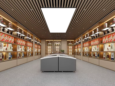 Spacious Retail Showroom Interior With Shelves Displayed Products Central Counter And Ceiling Lights 3d model